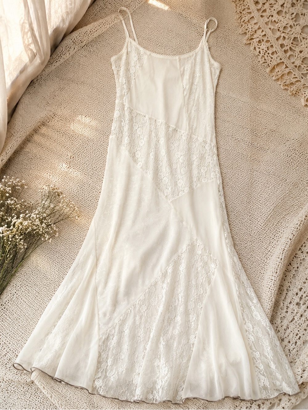 THIRTY/THIRTY Ivory Lace Patchwork Slip Dress Maxi Cottagecore Boho Y2K Small